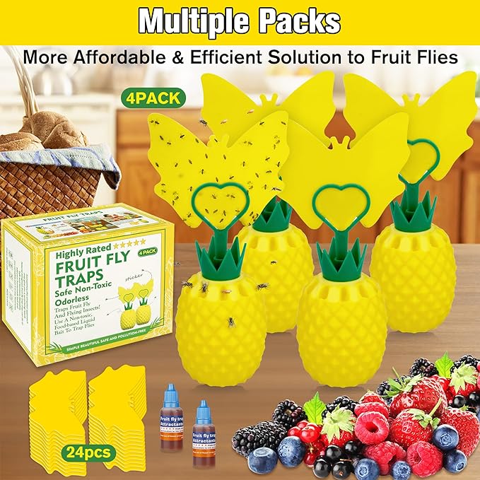 Fruit Fly Trap for Indoors, Effective Fruit Fly Gnat Catcher with Sticker, Gnat Traps for House Indoor with Bait, Reusable Easy-to-Use Fly Trap for Kitchen Home - 4 Pack
