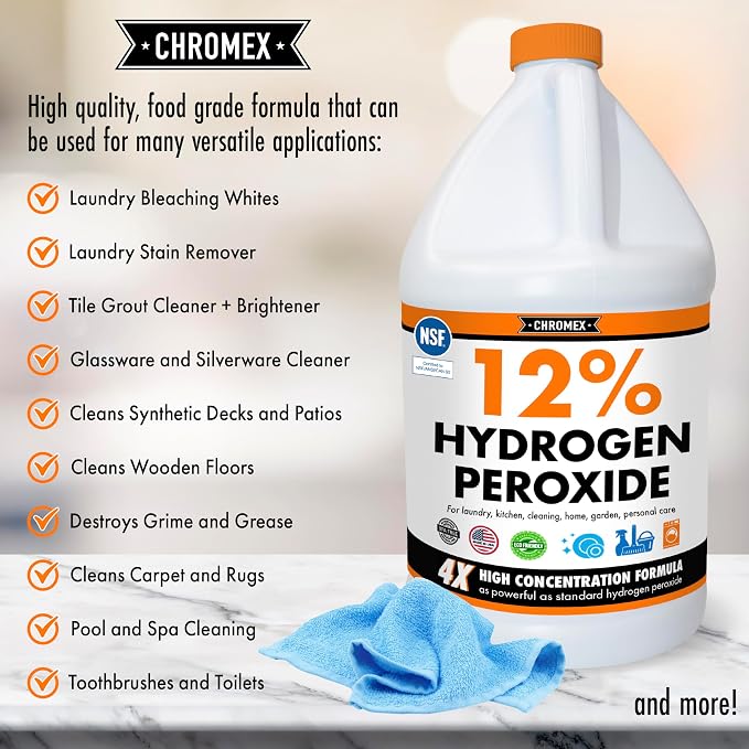 Chromex Hydrogen Peroxide 12 Percent Food Grade, 4x Power Concentrated Solution, 4 Gallons Dilute to 16 Gallons, Versatile Uses include Topical Care, Home, Kitchen, Bath Cleaner, NSF Certified