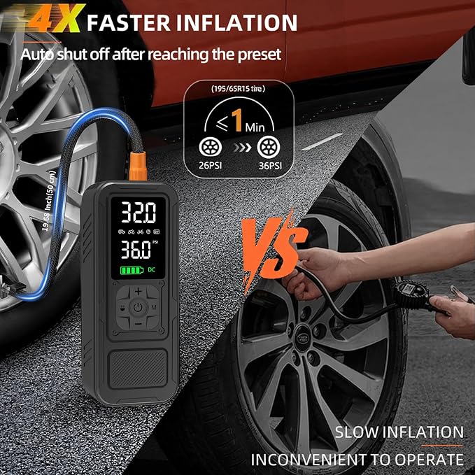 Y34 Tire Inflator Portable Air Compressor,4X Faster Inflation,8000mAh Cordless/12V DC 150PSI Air Pump with Digital Pressure Gauge for Car,Motorcycle,Bike,Ball Gifts for Him