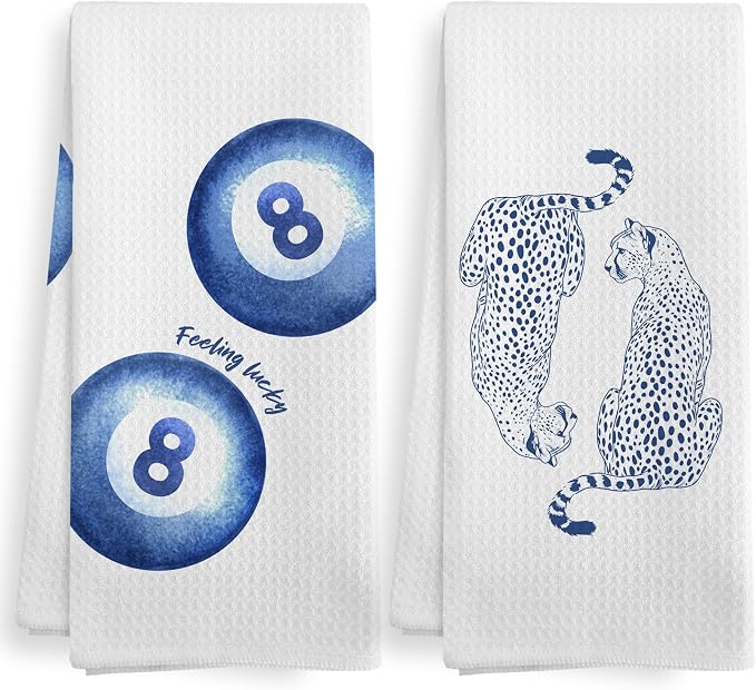Trendy Leopard Cheetah Print Lucky 8 Ball Bathroom Room Decor, Preppy Blue Leopard Decor Dish Hand Tea Towels for Bathroom Kitchen Sets of 2, Cheetah Kitchen Towels and Dishcloths, 16x24 Inch