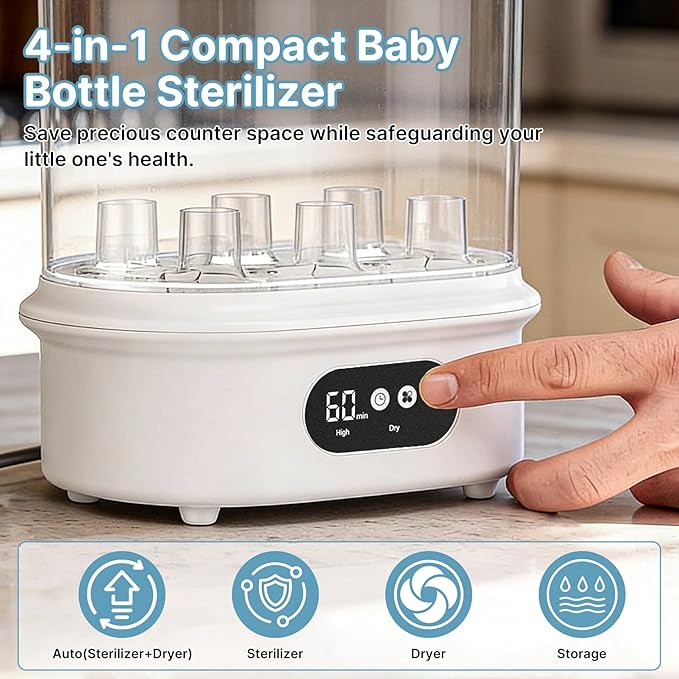 Baby Bottle Sanitizer and Dryer, 4-in-1 Fast Electric Sanitizing & Drying Machine, BPA-Free Food-Grade Material, Fits 6 Bottles/Pacifiers/Teethers, One-Touch Operation for New Parents