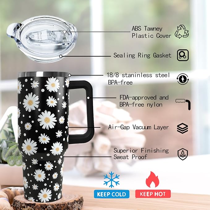 Ceovfoi 40 Oz Daisy Tumbler With Handle,Daisy Coffee Travel Mug Cup Water Bottle,Daisy Decor,Daisy Gifts for Women
