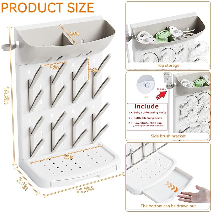 SuoXing Vertical Baby Bottle Drying Rack with Brush- Hold 16 Bottles - Large Breast Pump,Bottle Dryer Rack for Kitchen Countertop,Space Saving Bottle Stand Holder for Pacifiers,Pump Accessories,Grey