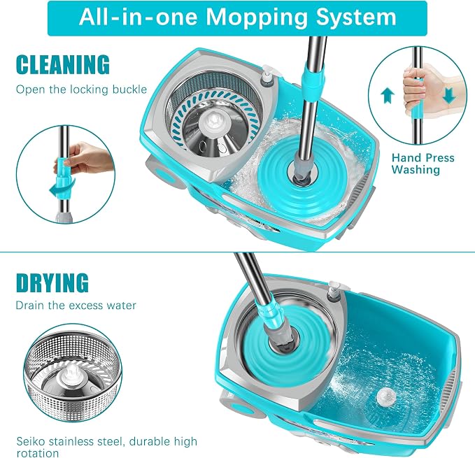 FunClean Spin Mop and Bucket,Mop and Bucket with Wringer Set for Home,360 Spinning Mopping Floor Cleaning Tool with 12 Microfiber Replacement Head Refills,61" Extended Handle, 2X Wheel - Blue