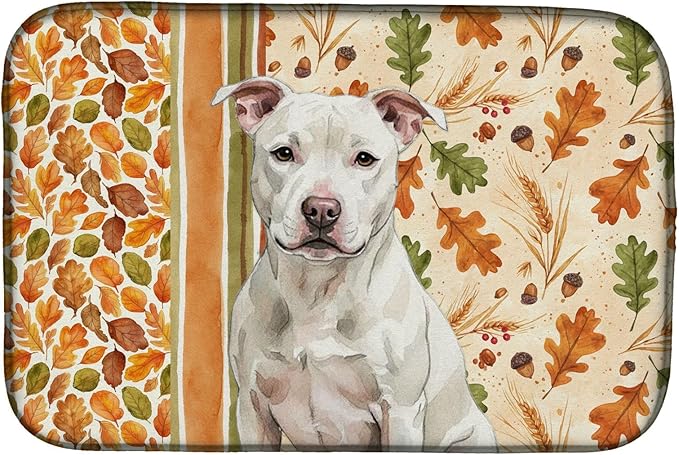 Caroline's Treasures White Staffordshire Bull Terrier Heirloom Fall Dish Drying Mat Absorbent Dish Drying Mat Pad for Kitchen Counter Dish Drainer Mat for Countertop, 14 x 21", Multicolor