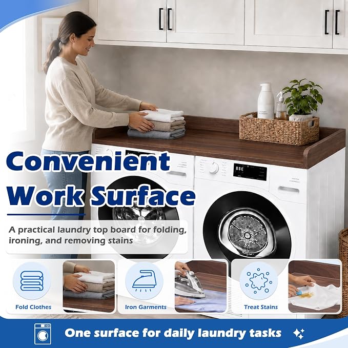 ROYXEN Washer Dryer Countertop, Laundry Countertop Solid Wood, Countertop for All Front-Loaded Washing Machine and Dryer, Extra Room for Laundry Room, Walnut Color