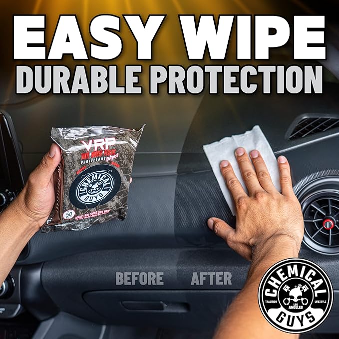 Chemical Guys PMWTVD10750 VRP Shine and Protectant Wipes Mega 100 Pack, For Vinyl, Rubber and Plastic Non-Greasy Dry-to-the-Touch Long Lasting Super Shine Dressing for Tires, Trim and More, (50 Ct)