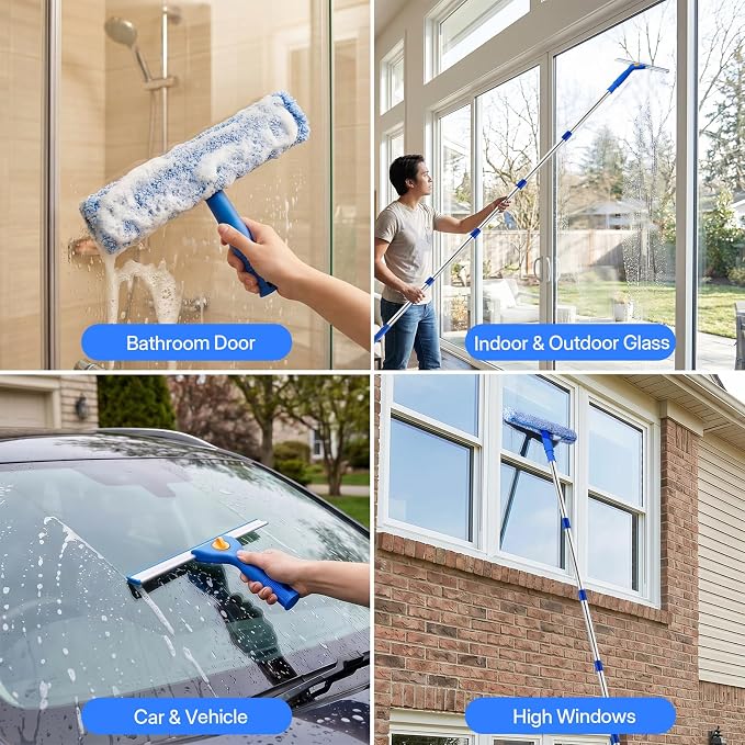 10Ft Window Cleaning Kit with Bucket 3 Gallon, 14" Window Squeegee and 15" Scrubber with 3m Long Handle, Professional Window Cleaning Equipment Washing Kit Cleaner Tool for Home Outdoor Commercial Use