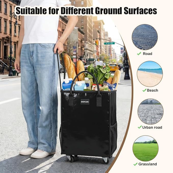 Reusable Hauler Rolling Tote Bag, Collapsible Portable Shopping Cart with Wheels for Groceries, Apartments Laundry, Organization , Heavy Duty Utility Tote, Basket with Wheels, Travel and Moving, 75lbs