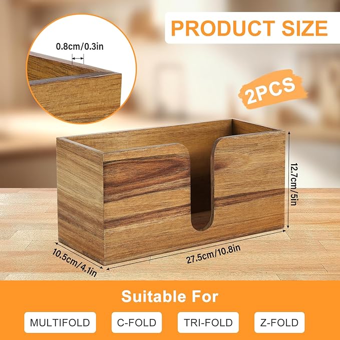 2PCS Paper Towel Dispenser Countertop, Acacia Wood Paper Towel Holder for Bathroom Folded Paper Towel Dispenser Clear Trifold Napkin Holder for Z-fold C-fold MultiFold Trifold - Home Kitchen