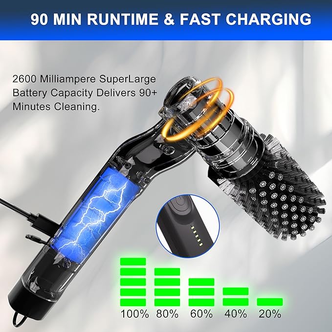 Electric BBQ Grill Brush - 2600mAh Rechargeable Cleaning Brush IPX7 Waterproof with Three-Speed Adjustment(Max 400RPM), 180° Adjustable Head for Grill Grates & Kitchen Surfaces