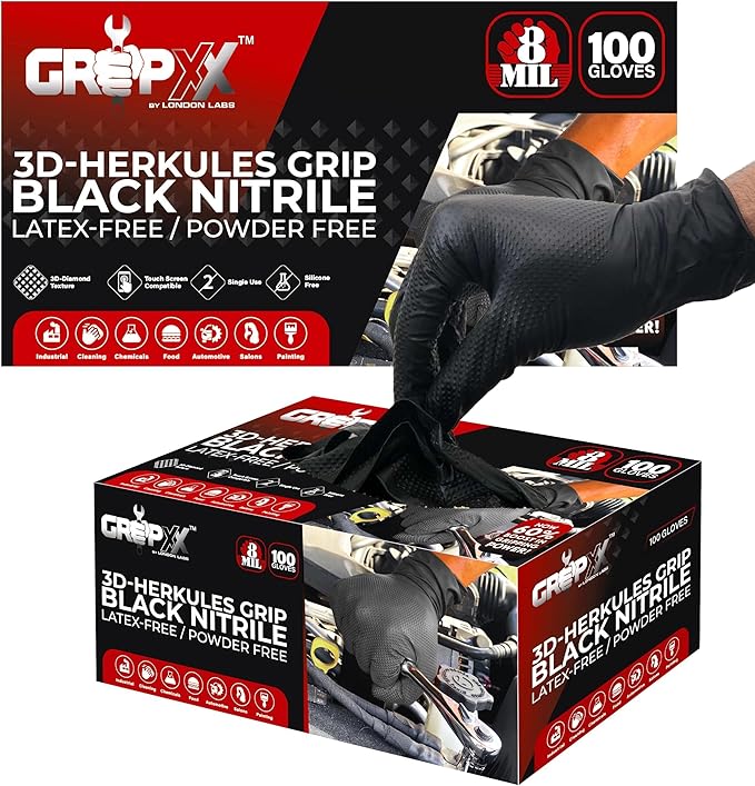 GRIPXX Herkules Grip Heavy Duty 8Mil Black Nitrile Gloves,3D Raised Diamond Texture-Latex & Powder-Free Industrial, Mechanic