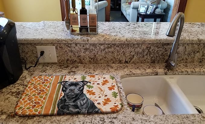 Caroline's Treasures Black Staffordshire Bull Terrier Heirloom Fall Dish Drying Mat Absorbent Dish Drying Mat Pad for Kitchen Counter Dish Drainer Mat for Countertop, 14 x 21", Multicolor
