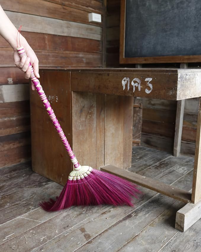 Asian Broom,Natural Grass Thai Broom Vintage Retro Embroidered Woven Nylon, Handmade Broom, Housewarming Gift, Witch Broom,Bamboo Stick Handle, Durable Broom for Indoor & Outdoor 40"