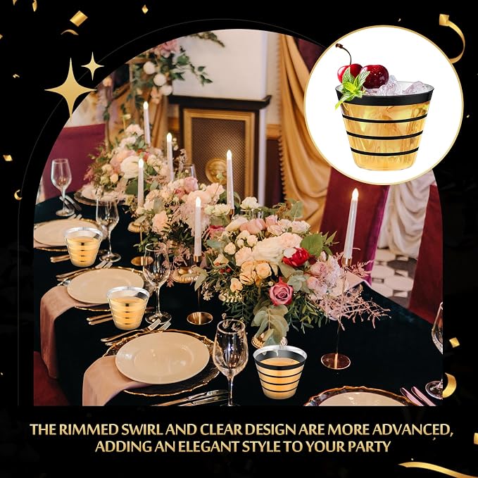 Gejoy 9 oz 100pcs Graduation Rimmed Stripe Plastic Cups Bulk Disposable Wine Hard Plastic Drinking Cocktail Cups Tumblers for Wedding Gathering Party Supplies(Gold, Black)