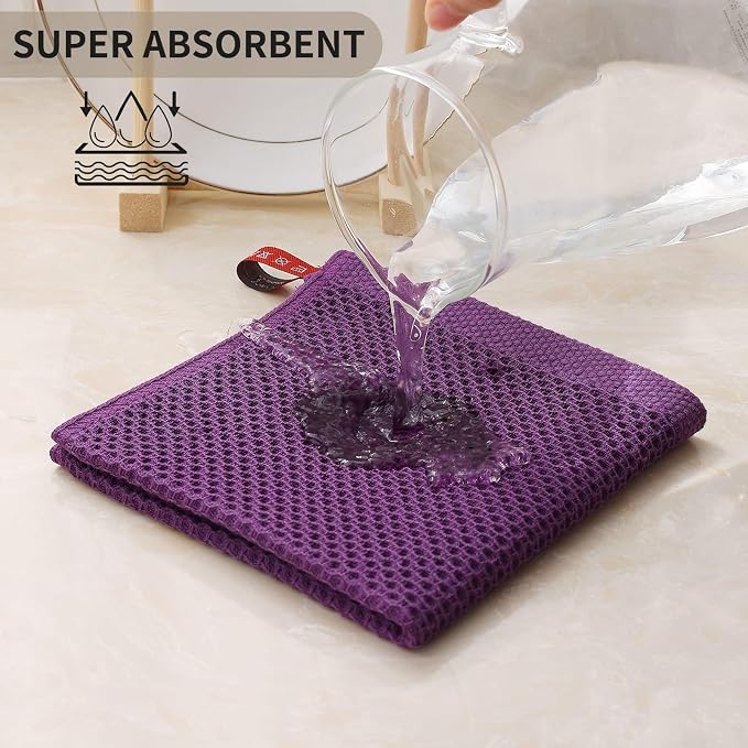 Kitinjoy 100% Cotton Kitchen Dish Cloths, 6 Pack Waffle Weave Ultra Soft Absorbent Dish Towels for Drying Dishes Quick Drying Kitchen Towels Dish Rags, 12 X 12 Inches, Violet