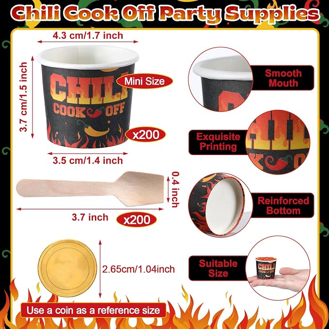 Teenyyou 400 Pcs Chili Cook off Party Decorations, 200 Pcs 2 oz Mini Chili Cookoff Paper Cups and 200 Wooden Spoons Pepper Cook off Parties Decorations for Competition Prize Party Cooking Supplies