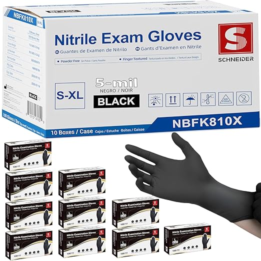Schneider Nitrile Exam Gloves, Black, XL, Case of 1000, 5 Mil Thick Disposable Gloves, Latex Free, Powder Free, Food Safe, Non Rubber for Medical, Cleaning & Cooking, Barbecue, Food Prep