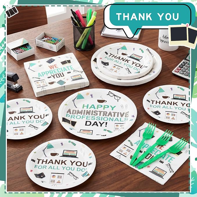Remerry 96 Pcs Happy Administration Professionals Day Party Supplies We Appreciate You Tableware Disposable Thank You Employee Staff Paper Plates Napkins Forks for Party Decoration