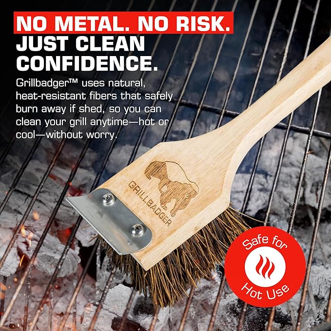 The Original Non Metal Grill Brush for Outdoor Grill | High Temp Heat Resistant BBQ Cleaning Brush | Long Lasting Wooden BBQ Cleaner with Scraper, Safe for Cast Iron Grates - Natural Wood