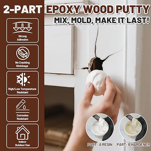 Epoxy Wood Putty Filler Kit, High Capacity Strength Wood Epoxy & Repair Kit - Stainable Paintable 32oz 2-Part Putty Filler, Woodon Filler Interior & Exterior Furniture Repair Set for Damages (White)