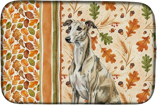 Caroline's Treasures Brindle Whippet Heirloom Fall Dish Drying Mat Absorbent Dish Drying Mat Pad for Kitchen Counter Dish Drainer Mat for Countertop, 14 x 21", Multicolor