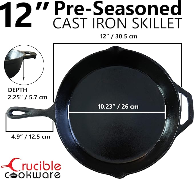 Crucible Cookware 12-Inch Cast Iron Skillet Set (Pre-Seasoned), Including Large & Assist Silicone Hot Handle Holders, Glass Lid, Cast Iron Cleaner Chainmail Scrubber, Scraper | Indoor & Outdoor Use