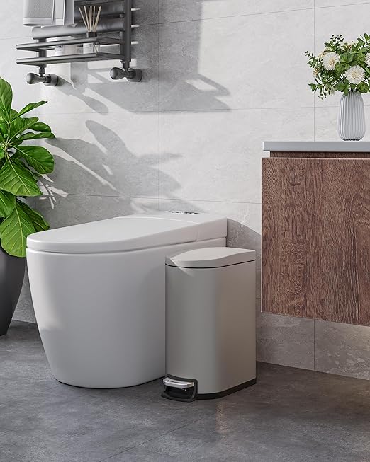 Garvee 2.6 gal / 10 L Metal Bathroom Trash Can with Lid, Slim Waterproof Garbage Can for Bedroom, Small Step-on Trash Bin with Inner Bucket, Rear Handle, Soft Close Lid, Grey