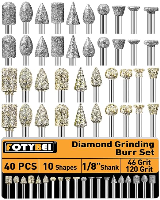 46-Grit and 120-Grit Diamond Grinding Burr Bits Set 1/8" Shank Compatible with Dremel Rotary Tool, 40Pcs Attachment Accessories Carving Burrs for Polishing, Grinding, Carving on Glass, Ceramic, Stone