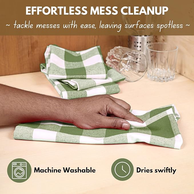 Native Fab Buffalo Check Kitchen Dish Towels, 16"x26", 12 Pack - 100% Cotton Plaid Washcloths - Absorbent Dish Cloths Set, Cleaning Hand Towels with Hanging Loop - Mint Green White