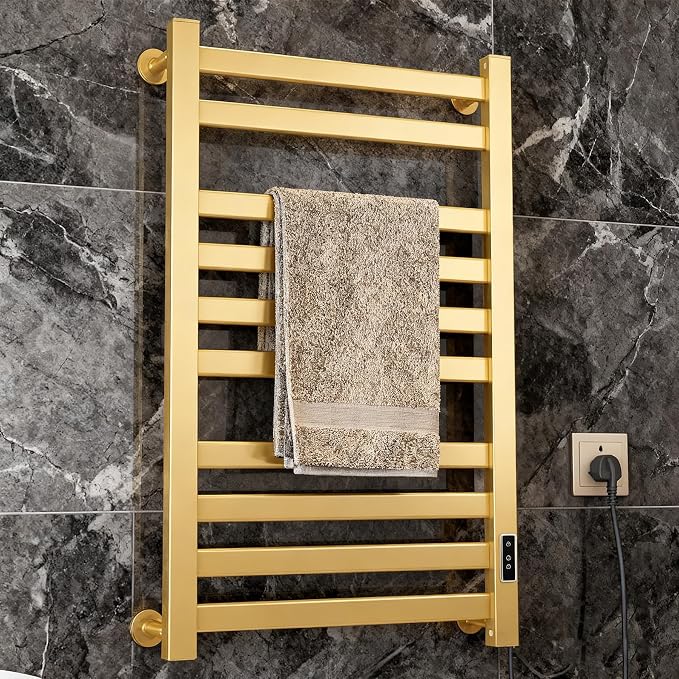 Verida Towel Warmer Rack, Heated Towel Rack for Bathroom, Wall-Mounted Plug (Not Hardwired), Aluminum Alloy, with Timer and Temperature Adjustment, Overheat Protection Function(Large Gold)