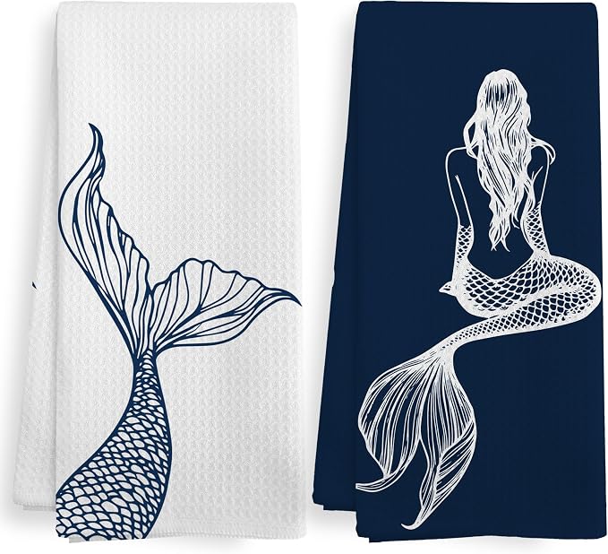 Coastal Mermaid Beach Decor Dish Hand Tea Towels for Bathroom Kitchen, Mermaid Ocean Beachy Bathroom Decor Gifts for Women, Navy Blue Nautical Kitchen Towels and Dishcloths Sets of 2, 16x24in
