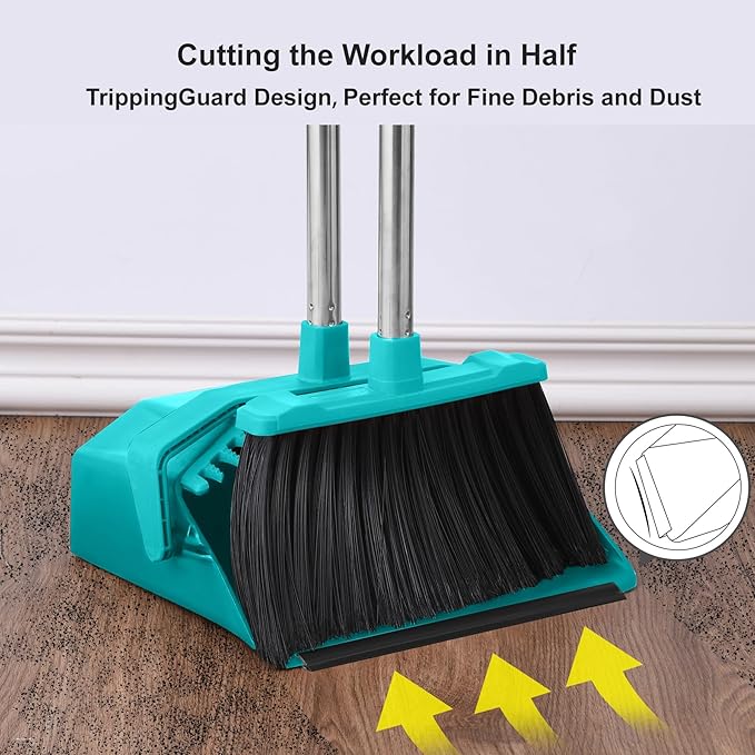 Tiumso Upgrade Broom with Dustpan Combo Set, Broom and Dustpan Set with 51'' Long Handle, Large Upright Brooms and Dust Pans, ZeroGap Lip, Self-Cleaning Dustpan Teeth for Lobby and Restaurant - Blue