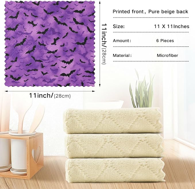 Puprle Bats Kitchen Towels Dish Cloths Set of 6 Microfiber Cleaning Cloths for Cars Super Absorbent Machine