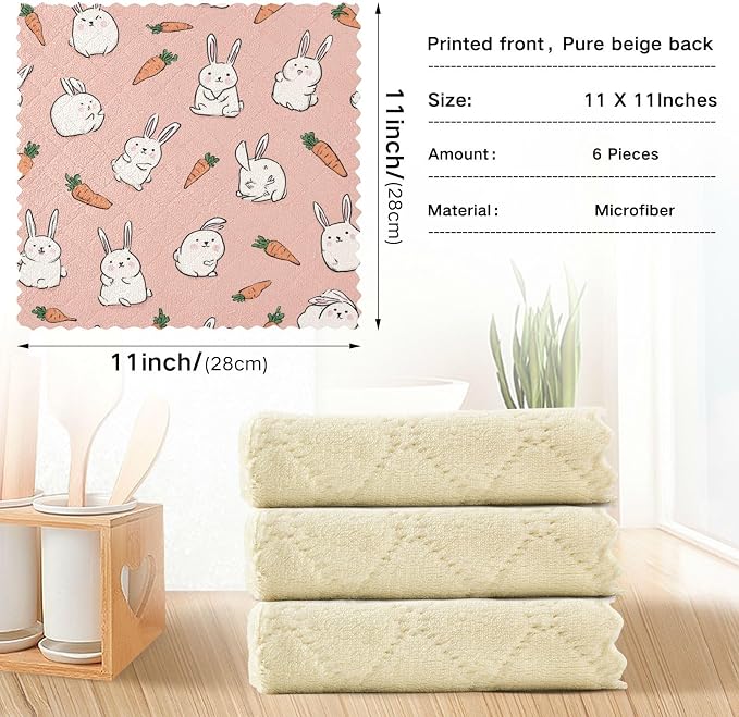 Pink Rabbit and Carrots Kitchen Towels Dish Cloths Set of 6 Microfiber Cleaning Cloths for Cars Super Absorbent Machine