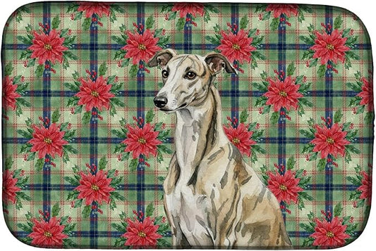 Caroline's Treasures Brindle Whippet Christmas PoinsettIas Dish Drying Mat Absorbent Dish Drying Mat Pad for Kitchen Counter Dish Drainer Mat for Countertop, 14 x 21", Multicolor