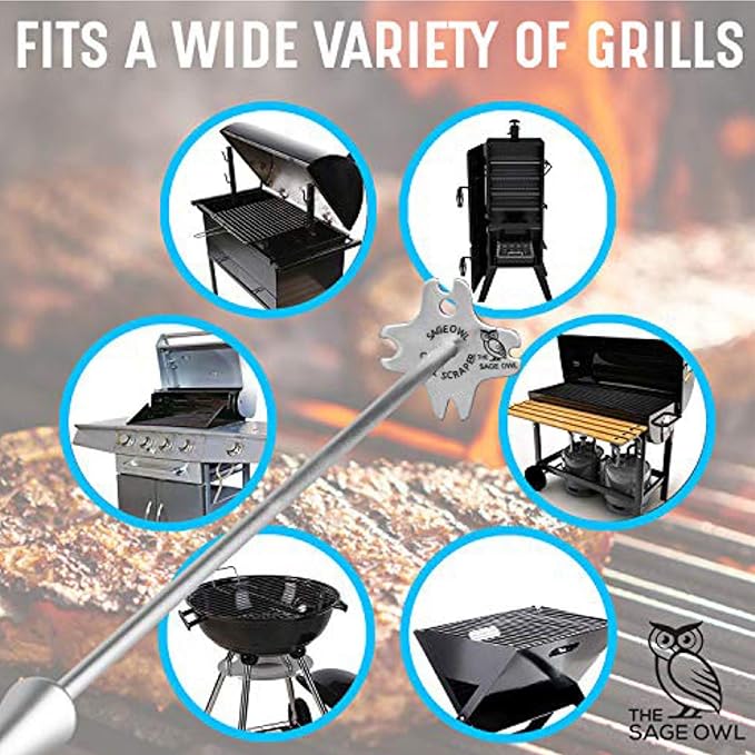 Sage Owl Stainless Steel BBQ Grill Scraper, Bristle-Free, 3-in-1, Silver, 17.5” Handle – Safe Grill Cleaner for Outdoor Grills, Includes Round and V-Shaped Grooves – Grilling Accessories for Men