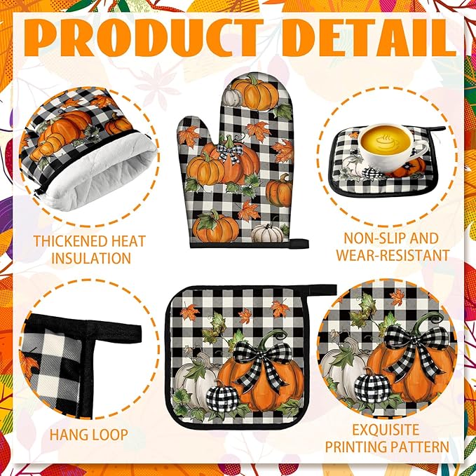 Fanfanwin 10 Pcs Thanksgiving Kitchen Decor Set Kitchen Towels Pot Holders Oven Mitts and Rugs Set Thanksgiving Decor for Baking Cooking Gift