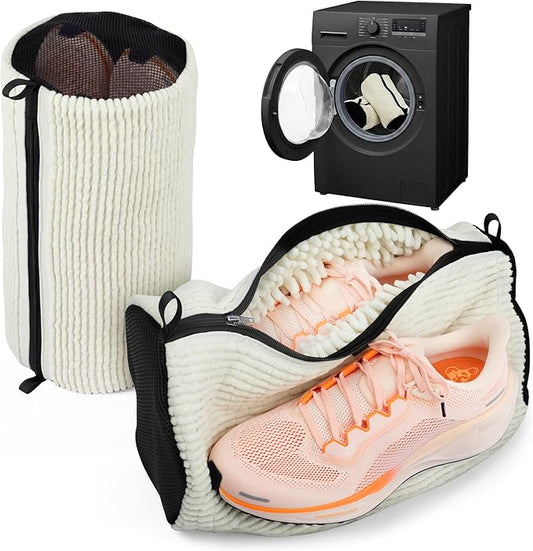 Shoe Washing Machine Bag (2-Pack) — XL Sneaker Laundry Bag for Washer & Dryer, Color-Safe Non-Bleeding Chenille, 360° Deep Clean, Fits All Shoe Sizes, Tennis Shoes, Delicates (8"x16")