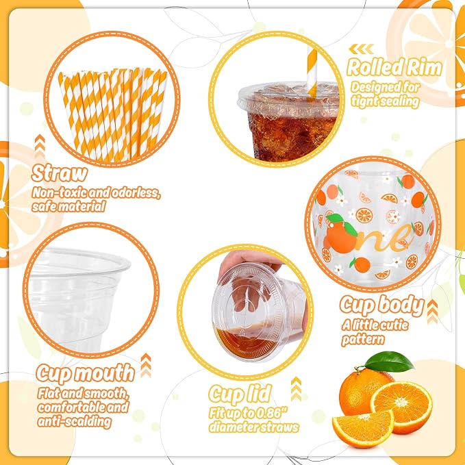 Whaline 50Pcs Little Cutie Disposable Plastic Cups with Lids and Straws 12Oz Cute Orange Citrus Cold Beverage Drinking Cups for First Birthday Baby Shower Party Supplies
