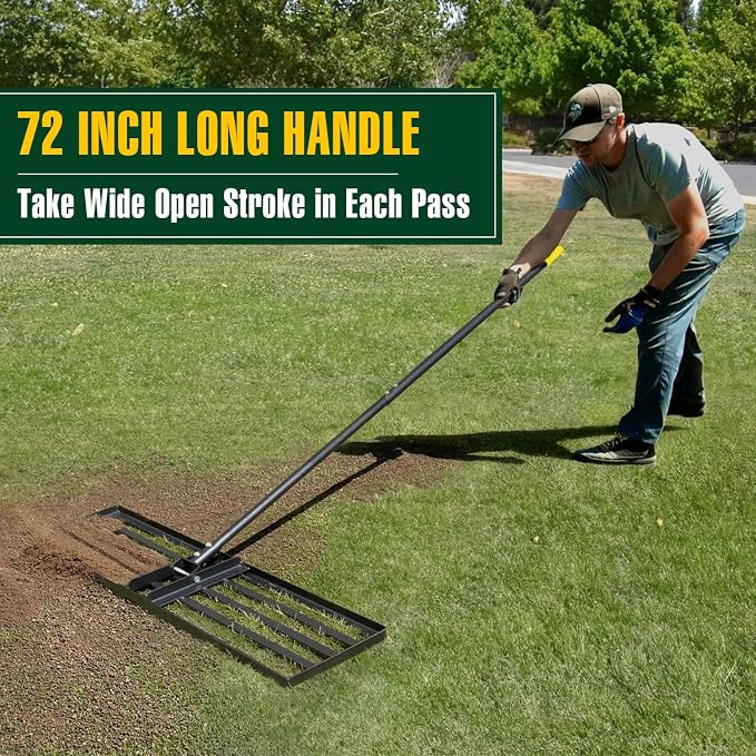 Jardineer 36 Inch Heavy Duty Lawn Leveling Rake, 72 Inch Long Handle Yard Leveler for Grass Soil, Ground Dirt Leveler Tool for Lawn, Garden, Golf Course Maintenance
