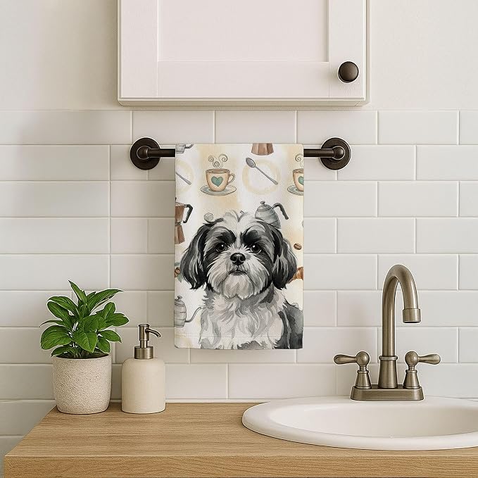 Caroline's Treasures Black and White Shih Tzu Coffee Bar Kitchen Towel Velour Plush Front and Cotton Loop Back Machine Washable
