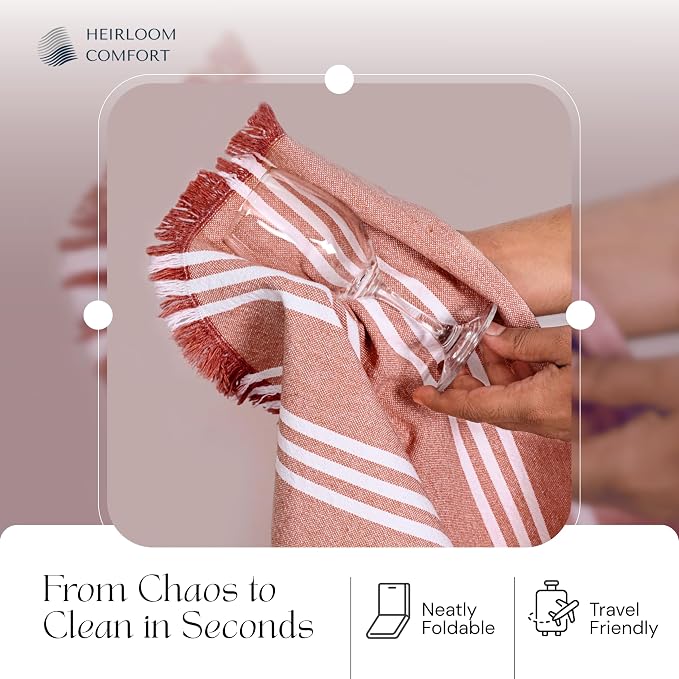 Monochrome Stripe Dish Towels 3 Pack, 16x26 Inch, 100% Cotton, Decorative Fringes, Ultra Absorbent & Reusable, Quick Drying Kitchen Towels for Cleaning, Drying, Easy Care, Rust