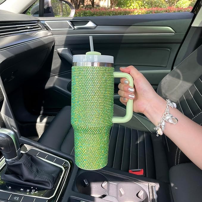 40oz Bling Tumbler with Handle and Straw Lid Rhinestone Studded Tumbler Cups Vacuum Insulated Stainless Steel Double Wall Water Bottle Travel Mug Gifts for Women Her (Green)
