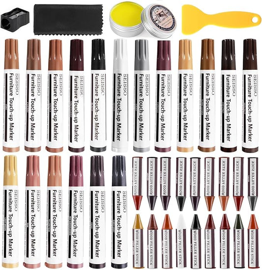 SEISSO Furniture Repair Kit, 18 Colors Touch Up Markers and Wood Filler Sticks with Wood Polish Wax - Furniture Touch Up Kit Cover Up Scratches, Stains, Holes for Wooden Table, Cabinet, Floors, Door