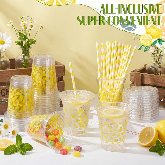 Domensi 25 Sets Lemon Themed Plastic Cups with Lids and Paper Straws 12oz Yellow Lemon Disposable Drinking Cups Bulk for Cold Drinks Baby Shower Wedding Summer Theme Birthday Party Supplies