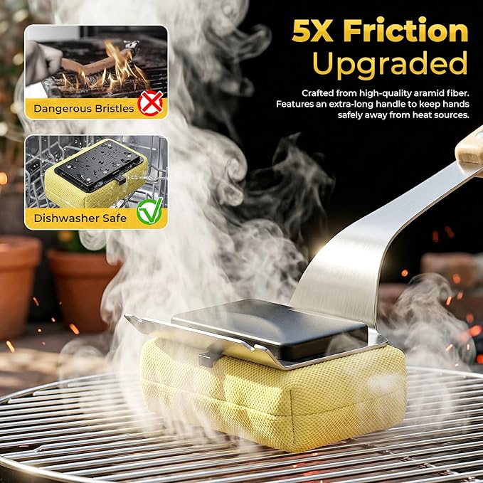 Grill Brush for Outdoor Grill Bristle Free, BBQ Grill Brush with Scraper & 2 Replaceable Heads, Safe Grill Steam Cleaner 17'' Long Handle Grilling Accessories for Cast Iron & Stainless Steel Grates