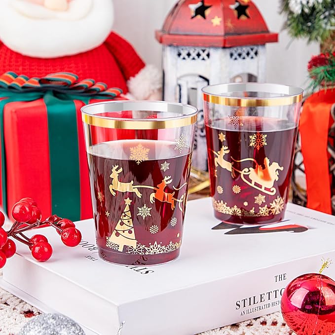 supernal 100pcs Christmas Party Cups,Gold Plastic Cups with Christmas Design,Plastic Party Cup,Disposable Cups,10oz Christ's Mass and Disposable Cups for Xmas Party