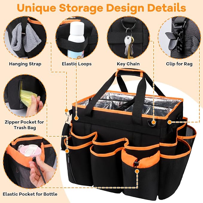 COVKEV Rolling Cleaning Caddy with Wheels& Built-in Board, Extra Large Cleaning Caddy Bag with Detachable Trolley, Water Resistant Lining Cleaning Supplies Organizer on Wheels for Housekeepers (Black)