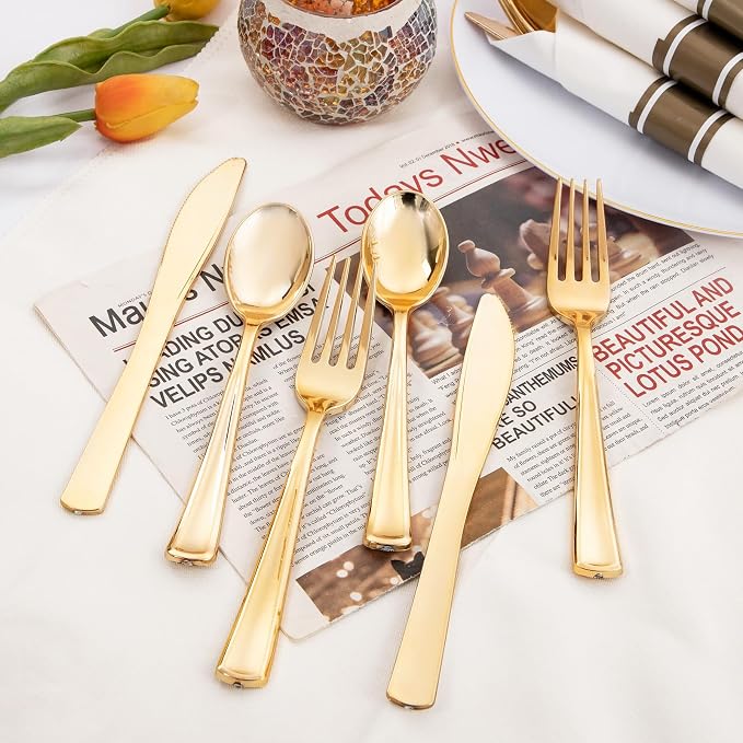 Supernal 120Pack Gold Plastic Silverware Wrapped Plastic Cutlery Set with Napkin,Pre Rolled Napkins with Cutlery Set,Rolled Silverware Disposable For Valentine's Day Mother's Day and Easter